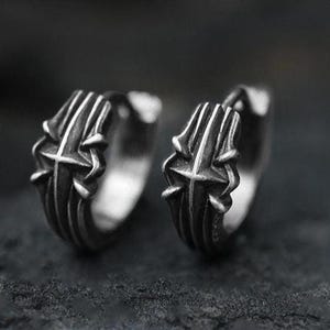 Armor Relic Chunky Huggie Hoop Earrings, S925 Sterling Silver Gothic Cross Jewelry, Mens Blackened Forged Sigil Hoops, Punk Biker Style image 13