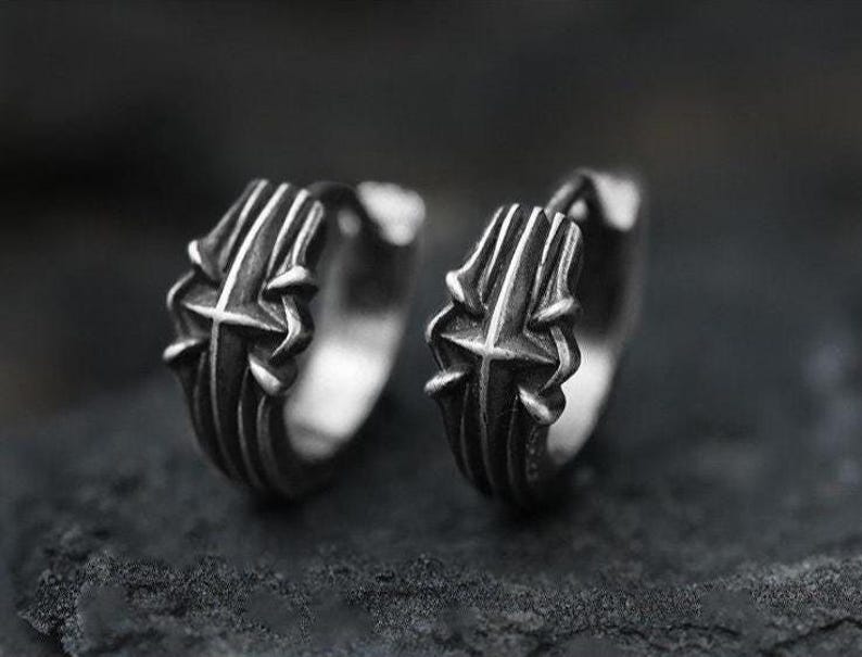 Armor Relic Chunky Huggie Hoop Earrings, S925 Sterling Silver Gothic Cross Jewelry, Mens Blackened Forged Sigil Hoops, Punk Biker Style image 13