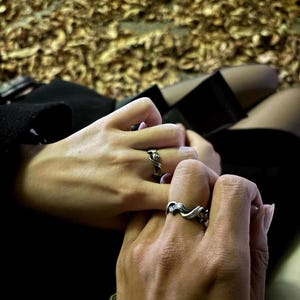 Pu&ograve; includere: Due mani intrecciate, ognuna con un anello d'argento. Gli anelli presentano un design a spirale e organico. Lo sfondo &egrave; sfocato, con toni scuri e chiari. Gli anelli sembrano essere in metallo.
