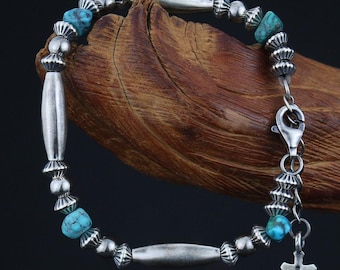 Turquoise Sterling Silver Beaded Bracelet, Wabi Sabi Natural Stone Bracelet, December Birthstone, Cross Charm, Sagittarius Capricorn Gift