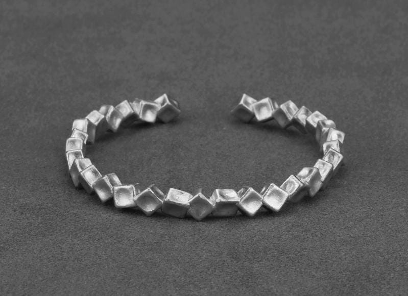 手作りS999シルバー幾何学的カフブレスレット、男女兼用調節可能