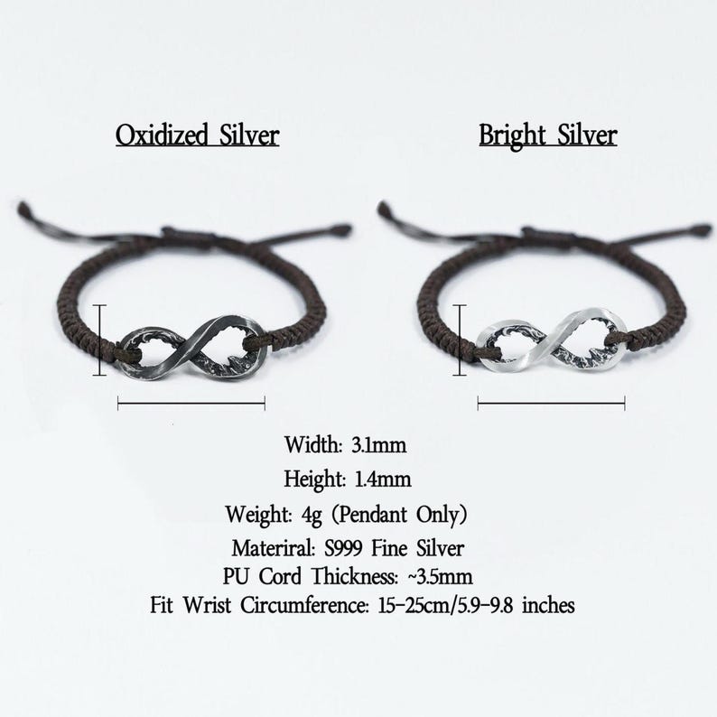 S999 Solid Silver Infinity Bracelet, Mobius Mountain and Sea Hand-Woven Rope, Adjustable Couple Jewelry, Eternal Meaningful Gift for Him Her image 9