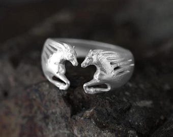 Adjustable Horse Ring, S999 Pure Silver Open Band, Wide Band Ring, Horse Lover Gift, Equestrian Jewelry, Matching Ring, Anniversary Gift