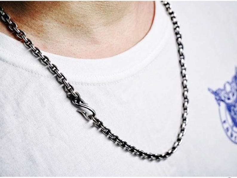 Geoxideerde zilveren ketting, S925 sterlingzilveren schakelketting, gotische slanghaaksluiting, Viking-hangerketting, zware zilveren ketting afbeelding 4