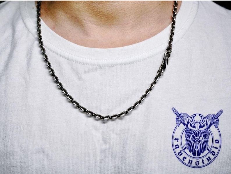 Geoxideerde zilveren ketting, S925 sterlingzilveren schakelketting, gotische slanghaaksluiting, Viking-hangerketting, zware zilveren ketting afbeelding 5