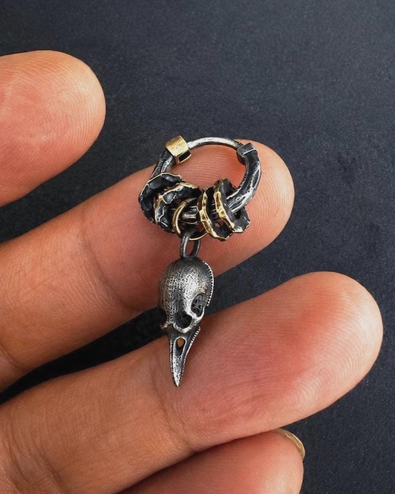 Plague Doctor Dangle Earring, S999 Fine Silver, Oxidized Industrial Jewelry, Hammered Silver, Gothic Mens Drop Earring, Unique Gift for Him