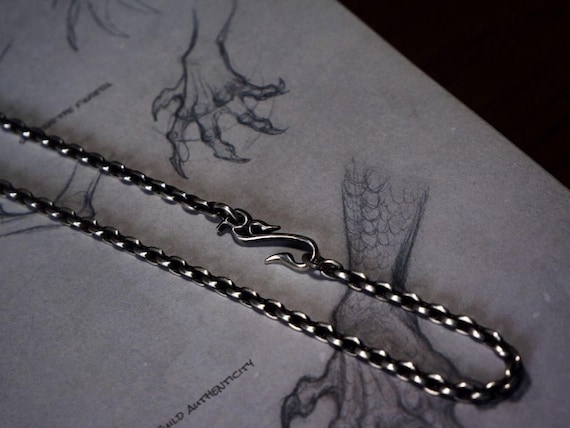 Oxidized Silver Chain Necklace, S925 Sterling Silver Link Chain, Gothic Snake Hook Clasp, Viking Pendant Chain, Heavy Silver Necklace