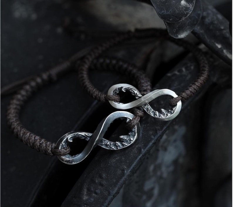 S999 Solid Silver Infinity Bracelet, Mobius Mountain and Sea Hand-Woven Rope, Adjustable Couple Jewelry, Eternal Meaningful Gift for Him Her image 1