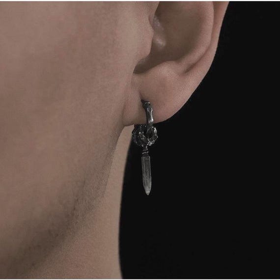 Dark Oxidized Spike Hoop Earring, S999 Fine Silver Gothic Dangle for Men, Rugged Hammered Punk Jewelry, Minimalist Rustic Aesthetic Gift
