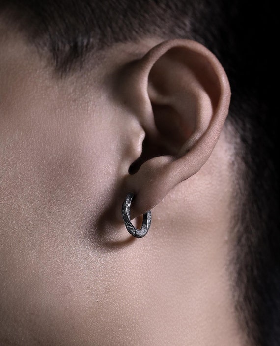S925 Silver Wabi-Sabi Hoop Earrings, Minimalist Rustic Solid Silver Men’s Hoops, Handcrafted Oxidized Black Silver Jewelry for Him
