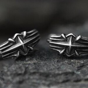 Armor Relic Chunky Huggie Hoop Earrings, S925 Sterling Silver Gothic Cross Jewelry, Mens Blackened Forged Sigil Hoops, Punk Biker Style image 3