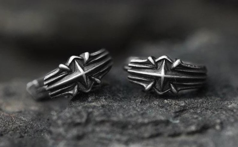 Armor Relic Chunky Huggie Hoop Earrings, S925 Sterling Silver Gothic Cross Jewelry, Mens Blackened Forged Sigil Hoops, Punk Biker Style image 3