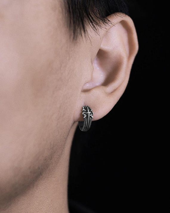 Armor Relic Chunky Huggie Hoop Earrings, S925 Sterling Silver Gothic Cross Jewelry, Mens Blackened Forged Sigil Hoops, Punk Biker Style