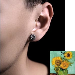 S999 Pure Silver Sunflower Earrings, Van Gogh Inspired, Handcrafted Oxidized Vintage Men's Stud Earring, Unique Floral jewelry, Gift for Her image 8
