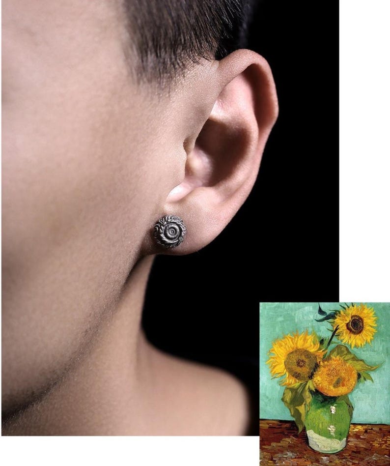 S999 Pure Silver Sunflower Earrings, Van Gogh Inspired, Handcrafted Oxidized Vintage Men's Stud Earring, Unique Floral jewelry, Gift for Her image 8