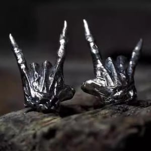 Rock On Gesture Stud Earrings, Classic Rock and Roll Spirit, Sign of the Horns, S925 Sterling Silver Skeleton Hand, Gothic Ear Piercing