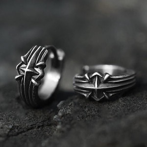 Armor Relic Chunky Huggie Hoop Earrings, S925 Sterling Silver Gothic Cross Jewelry, Mens Blackened Forged Sigil Hoops, Punk Biker Style Pair Earrings