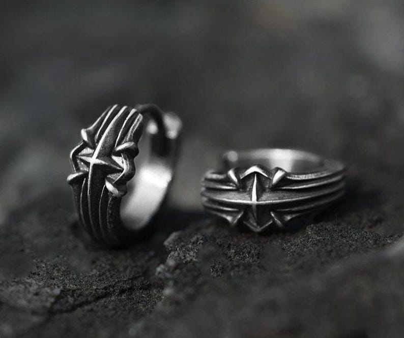 Armor Relic Chunky Huggie Hoop Earrings, S925 Sterling Silver Gothic Cross Jewelry, Mens Blackened Forged Sigil Hoops, Punk Biker Style Pair Earrings