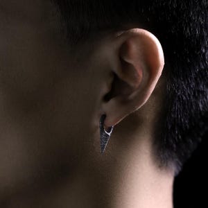 S925 Oxidized Silver Minimalist Men's Earrings, Dark Aesthetic Silver Hoop Earrings, Unisex Textured Ear Jewelry, Unique Geometric Hoops image 8