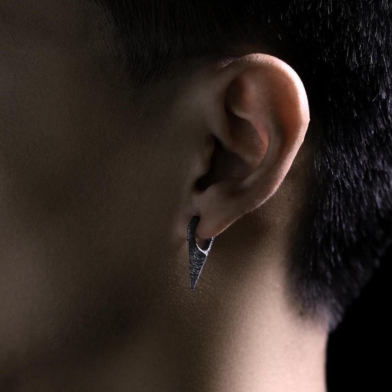 S925 Oxidized Silver Minimalist Men's Earrings, Dark Aesthetic Silver Hoop Earrings, Unisex Textured Ear Jewelry, Unique Geometric Hoops image 8