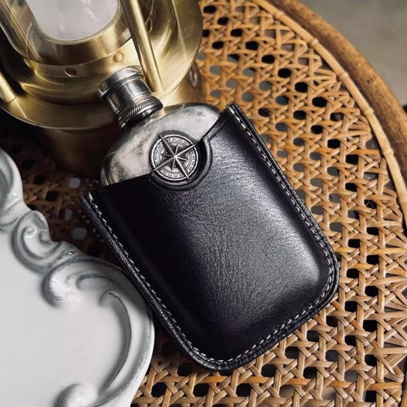 Sterling Silver Whiskey Hip Flask with Compass, Handmade Collectible Travel Flask in Leather Case, Luxury Gentleman Gift for Adventurers