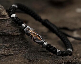 Adjustable Silver Bracelet, Braided Waxed Cord Bracelet, S925 Sterling Silver with Gold Plated Detail, Dark Talisman Jewelry, Unisex Gift