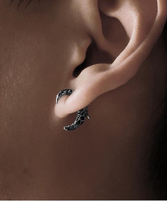 Crescent Moon Front Back Earrings, S999 Pure Silver Stud Earrings, Sculptural Celestial Gothic Moon Jewelry, Unique Dark Academia Earrings