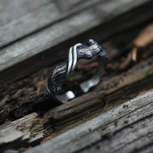 Pu&ograve; includere: Un anello argentato con un design ispirato alla natura. L'anello presenta una struttura a forma di ramo attorcigliato con dettagli intricati. Il design aperto consente una leggera regolazione della taglia. L'anello &egrave; appoggiato su una superficie di legno invecchiato.