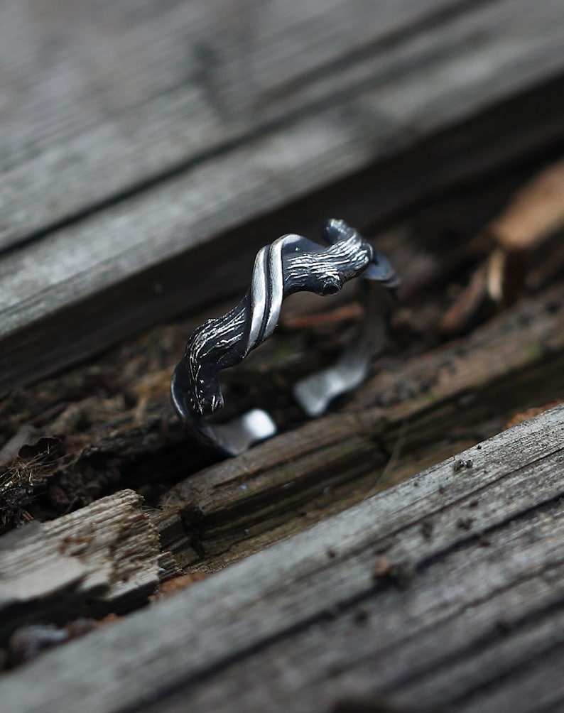 Pu&ograve; includere: Un anello argentato con un design ispirato alla natura. L'anello presenta una struttura a forma di ramo attorcigliato con dettagli intricati. Il design aperto consente una leggera regolazione della taglia. L'anello &egrave; appoggiato su una superficie di legno invecchiato.