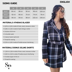 May include: A black and white plaid blazer with a matching skirt. The blazer has a notched collar and long sleeves. The skirt is a mini skirt with a high waist. The sizing guide is included in the image. The text in the image reads: "Sizing Guide", "Bust", "Waist", "Hips", "Materials Athenas Blazer", "Materials Bonus Seline Shorts", "English", "SD".