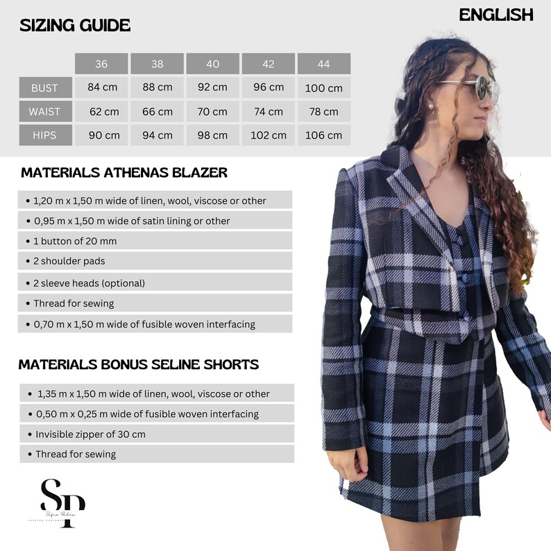May include: A black and white plaid blazer with a matching skirt. The blazer has a notched collar and long sleeves. The skirt is a mini skirt with a high waist. The sizing guide is included in the image. The text in the image reads: "Sizing Guide", "Bust", "Waist", "Hips", "Materials Athenas Blazer", "Materials Bonus Seline Shorts", "English", "SD".