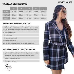 May include: A black and white plaid blazer and skirt set with a size chart in Portuguese. The chart lists measurements in centimeters for bust, waist, and hips in sizes 36, 38, 40, 42, and 44.