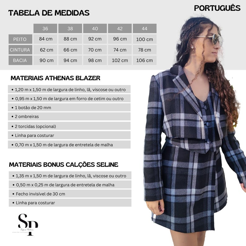 May include: A black and white plaid blazer and skirt set with a size chart in Portuguese. The chart lists measurements in centimeters for bust, waist, and hips in sizes 36, 38, 40, 42, and 44.