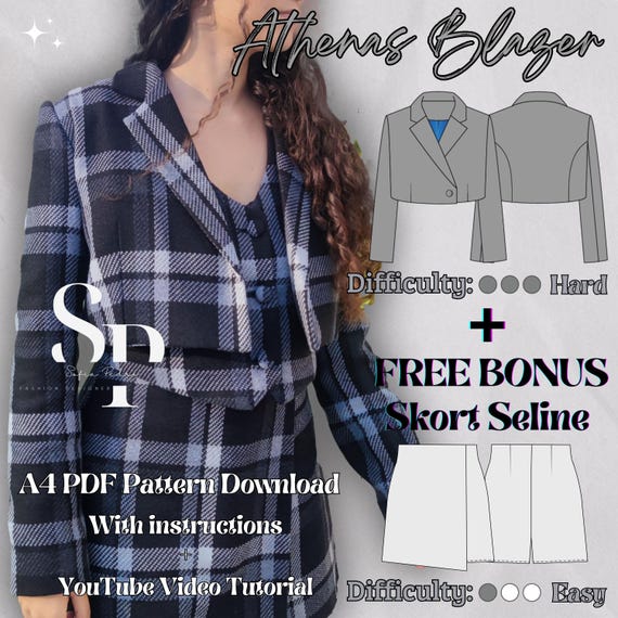 Athenas Blazer - A4 PDF Sewing Pattern + Sewing Tutorial + Instructions File - Portuguese / English + Bonus Seline Skort