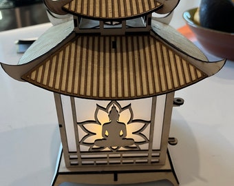 Handcrafted Laser-Cut Pagoda Night Lamp in Natural or Mahogany Stain