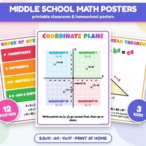 Middle School Math Posters, Algebra, PEMDAS, Integers, Coordinate Plane (Digital Download)
