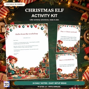 Könnte beinhalten: Ein Weihnachts-Elfen-Aktivitätsset mit druckbaren Notizen mit festlichen Rändern, Illustrationen eines Elfen mit Spielzeug und Text, einschließlich "Christmas Elf Activity Kit," "Hello from the workshop," "Day 1 I have arrived!," und "Day 2 A bookish day."