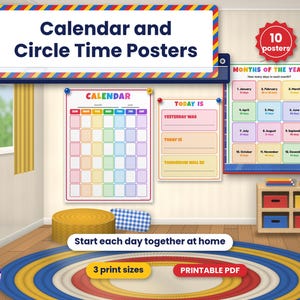 Circle Time Posters, 10-Piece Preschool Calendar Set in 3 Printable Sizes