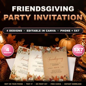 Plantilla editable de invitación para Friendsgiving, 4 diseños, invitación para teléfono y tamaño 5x7, registro para comida compartida (Canva)