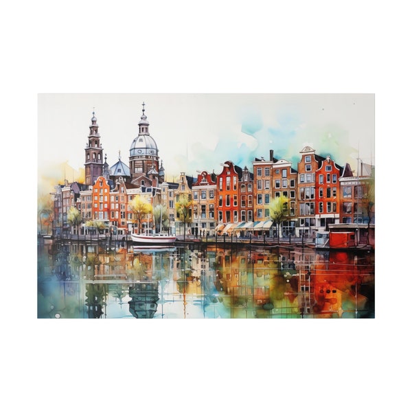 Vintage Amsterdam Cityscape Watercolor Canvas Wall Art Print - Soothing Landscape Art for Home Decor