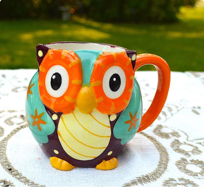 Vintage Owl Mug 14 oz, Raised Relief Ceramic Coffee Cup, Colorful Woodland Wildlife Drinkware, Natur