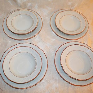 Set of Pieces of Wawel China Made in Poland; Fine China Raised Scrolls  Scalloped Rim, Gold Trim Dinner Plates and Soup Bowls
