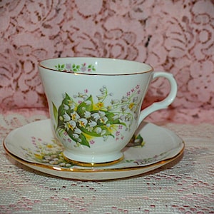 Beautiful Crown Trent Staffordshire England Fine Bone China- Tea Cup and Saucer - Elegant Lilly of the Valley Flowers  - May on Cup