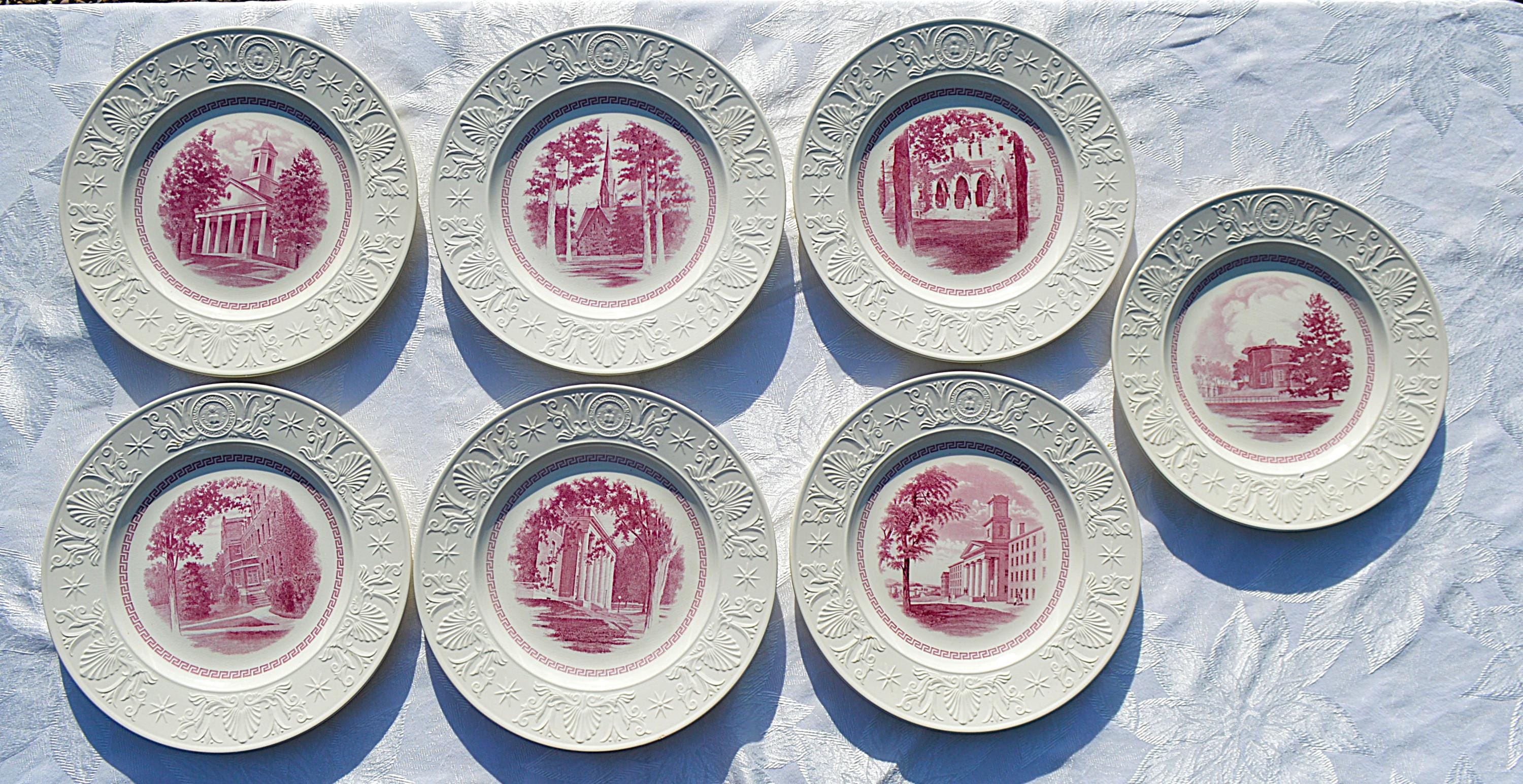 Rare Set 7 Antique Wedgewood England Series Featuring Different Amherst College Scenes - Mulberry Colored - Creamware - Produced Before 1948