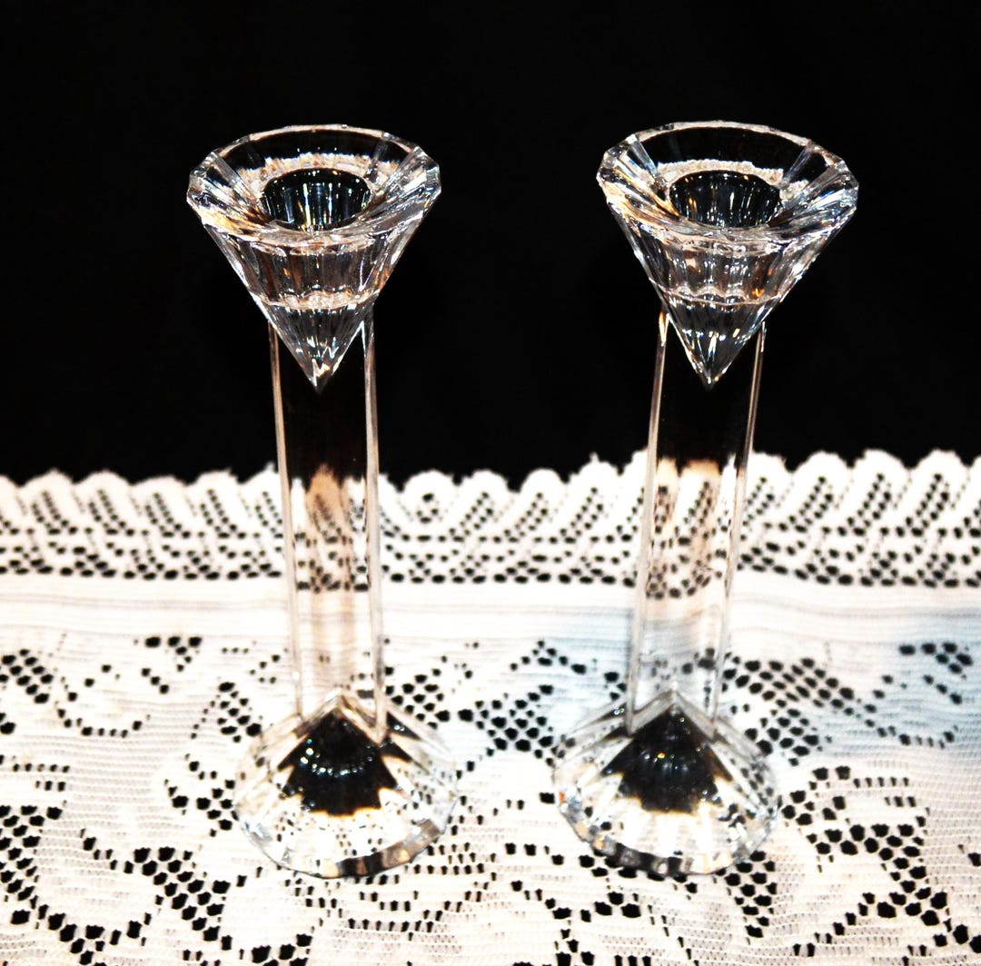 Set of (2) Two Crystal Glass Candlestick Holders - Multi-faceted Hand ...