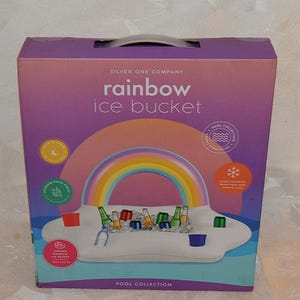 Inflatable Rainbow Ice Bucket Sealed New in Box -  With 4 Drink Holder and Ice Bucket in Middle Measures 19” High X 36” Width Pool Colection