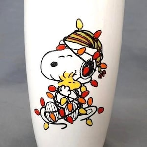 Adorable Snoopy Travel Mug Modern Gourmet Foods 2021 Stoneware Peanuts with Plastic Lid Ceramic Travel Tea Cup Woodstock