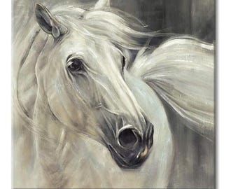 Elegant White Horse Canvas Wall Art - Animal Painting - Hand Painted Texture - Farmhouse Decor - Wrapped Canvas - 24&quot; X 24 X 1 - Western Art