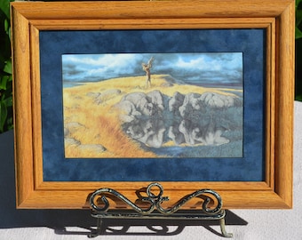 Calling the Buffalo by Bev Doolittle - Framed Blue Velvet Matt Art Print - 15&quot; X 12&quot; Frame - 10&quot; x 6&quot; Center Print - Medicine Man Sioux Nice