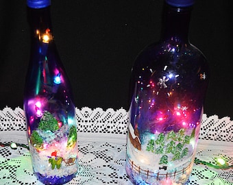 Cobalt Blue Hand-Made Wine Bottle Night Lights - Hand-Painted Winter Sledding Farmhouse Design - Colorful Lights Vibrant Color - Bottle Lamp